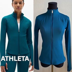 Athleta Salutation Ribbed Full Zip‎ Jacket Thumbholes Teal Blue XS Athletic